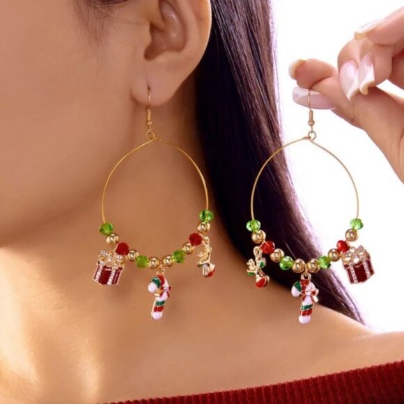 Christmas Reindeer Candy Cane Christmas Gift Hoop Earrings - Picture 1 of 1
